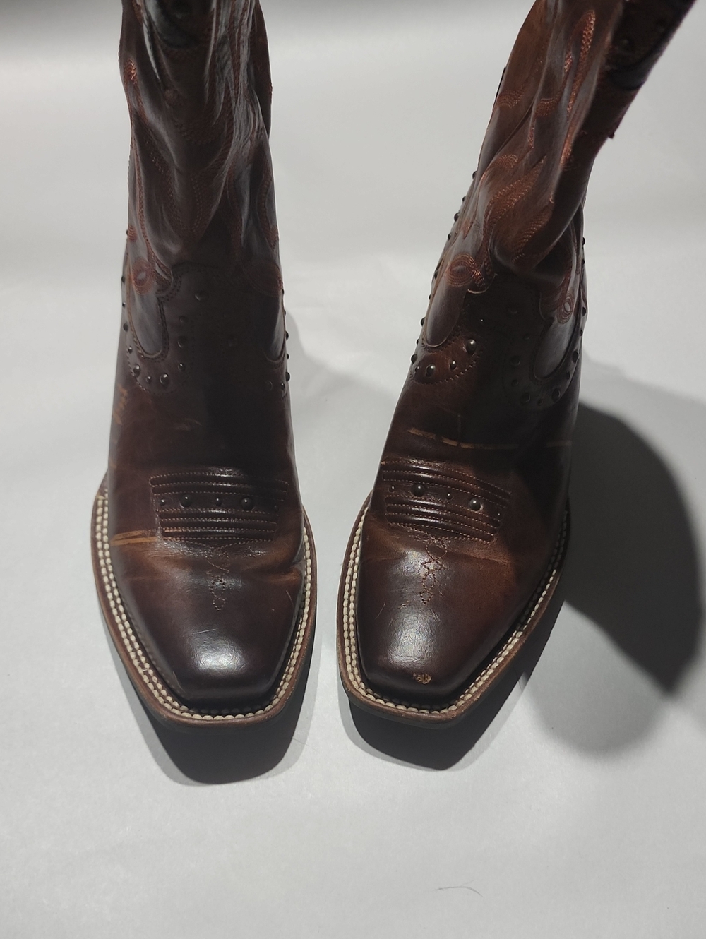 Ariat Brown Leather Western Heeled Boots with Black Stitch Accents - Picture 3 of 11